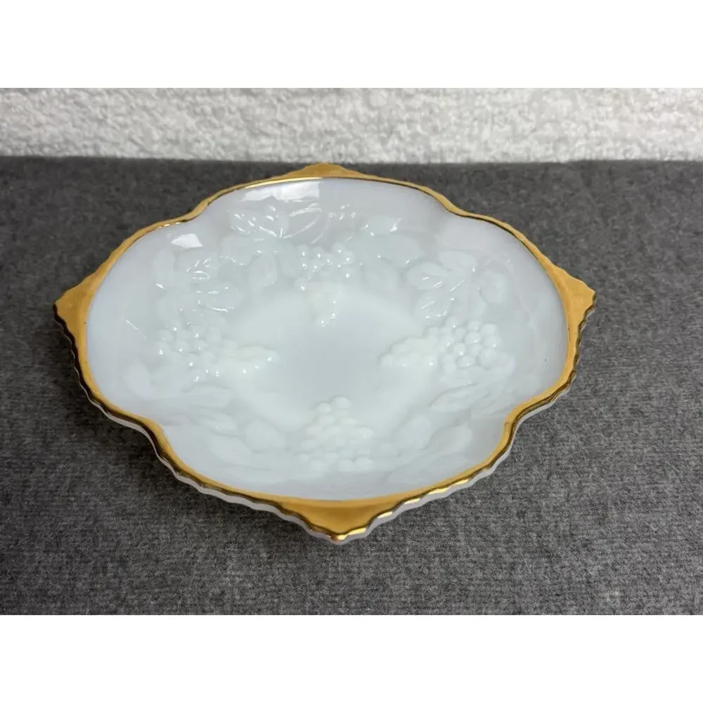 Anchor Hocking White Milk Glass Dish Bowl Embossed Grapes w/Gold Trim - See Chip